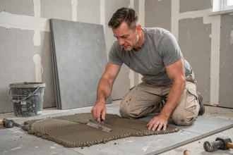 Artisan carreleur étalant le mortier-colle avec une taloche crantée sur le sol d'une cuisine en cours de rénovation