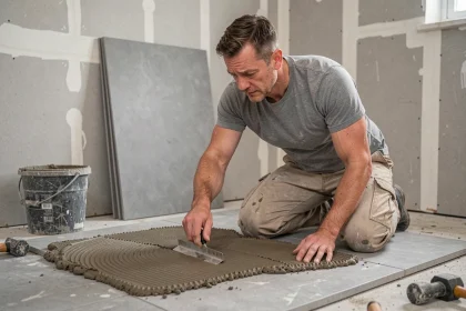 Artisan carreleur étalant le mortier-colle avec une taloche crantée sur le sol d'une cuisine en cours de rénovation