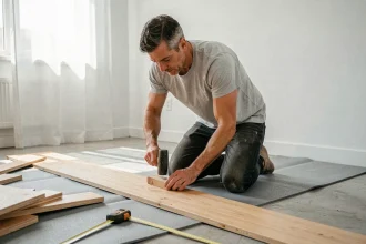 Homme posant des lames de parquet flottant en chêne clair dans une chambre vide avec sous-couche grise au sol