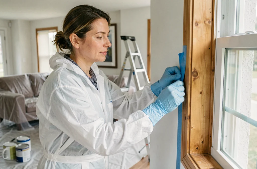 Femme appliquant du ruban de masquage bleu sur un cadre de fenêtre pour préparer un chantier de peinture intérieure