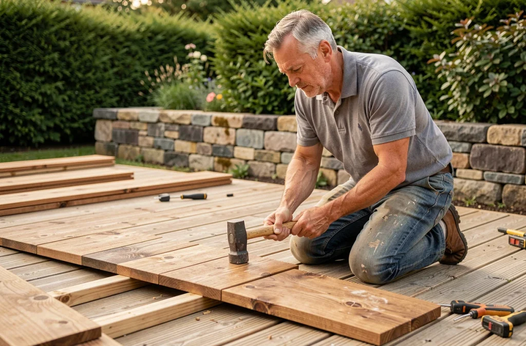 Artisan posant des lames de terrasse en bois IPE dans un jardin de maison individuelle, revêtement durable en cours d'installation