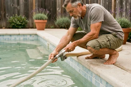 Homme préparant l'aspiration manuelle d'une piscine avant l'été avec un balai aspirateur télescopique