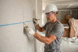 Ouvrier traçant des repères sur un mur non porteur avant démolition dans un appartement en rénovation