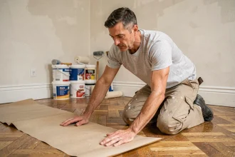 Homme préparant le sol d'un appartement avec du papier de protection avant un chantier de peinture intérieure