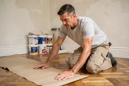 Homme préparant le sol d'un appartement avec du papier de protection avant un chantier de peinture intérieure