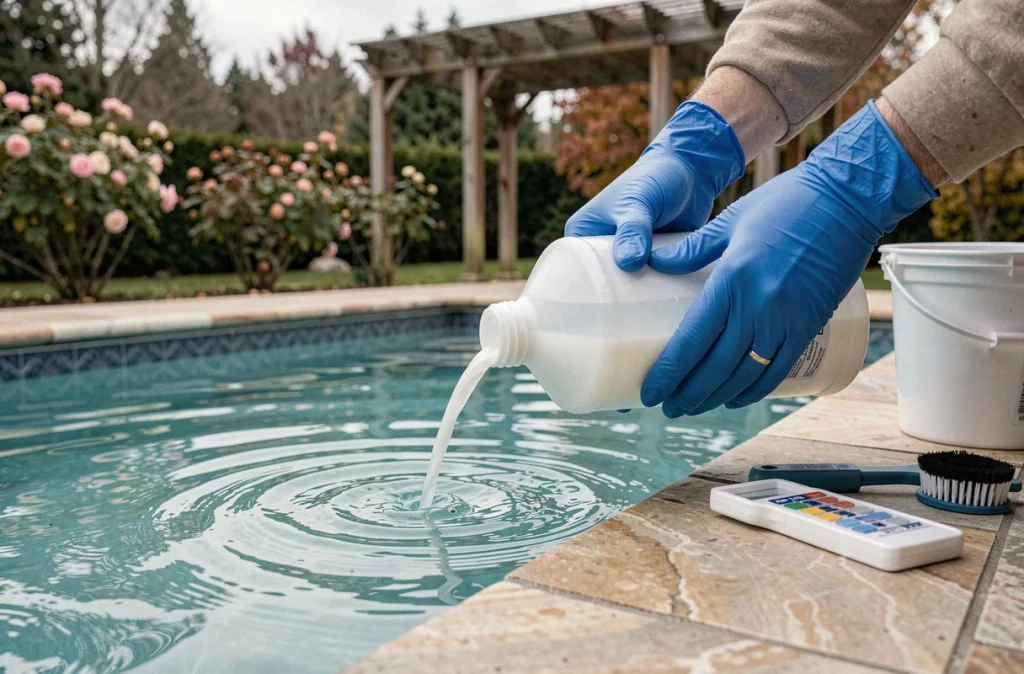 Ajout de produits hivernants dans l'eau d'une piscine enterrée avant fermeture