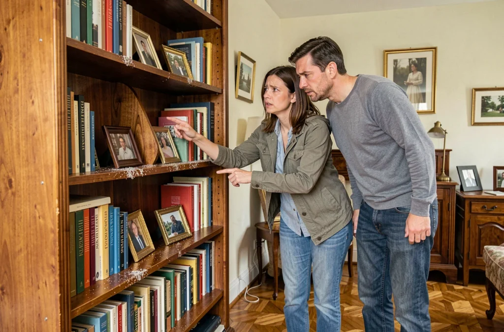 Couple de propriétaires inquiets examinant une bibliothèque en bois massif présentant des dégâts de capricorne dans leur salon