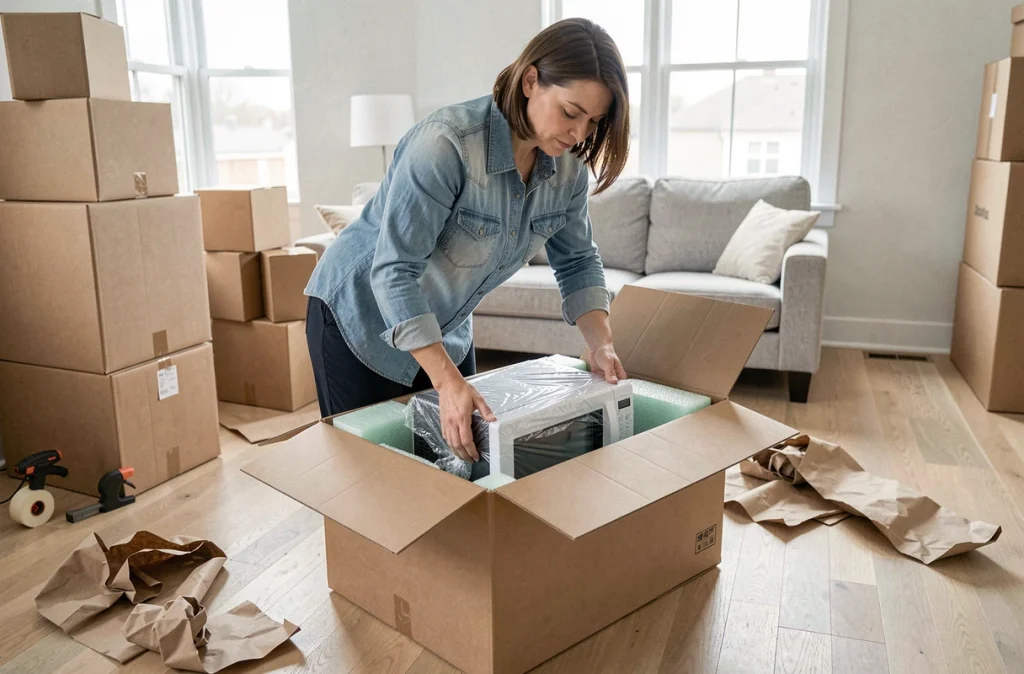 Femme plaçant un micro-ondes protégé dans un carton de déménagement renforcé
