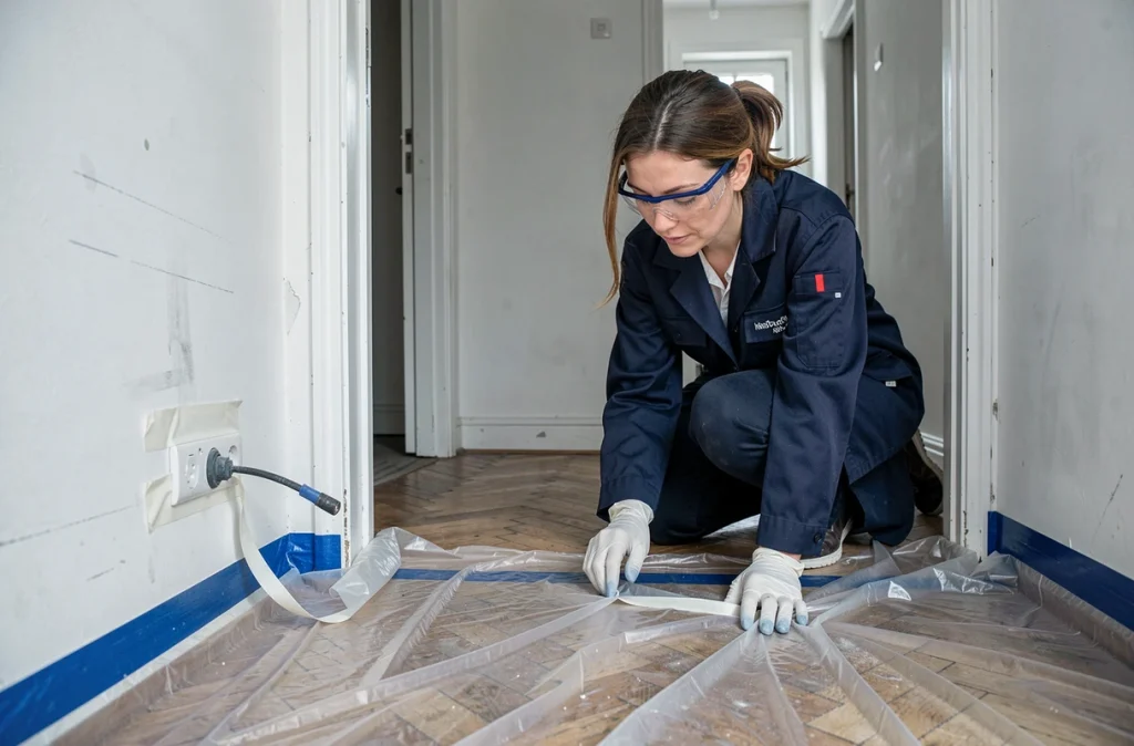 Professionnelle du bâtiment protégeant le sol et les ouvertures avec du film plastique avant de casser un mur