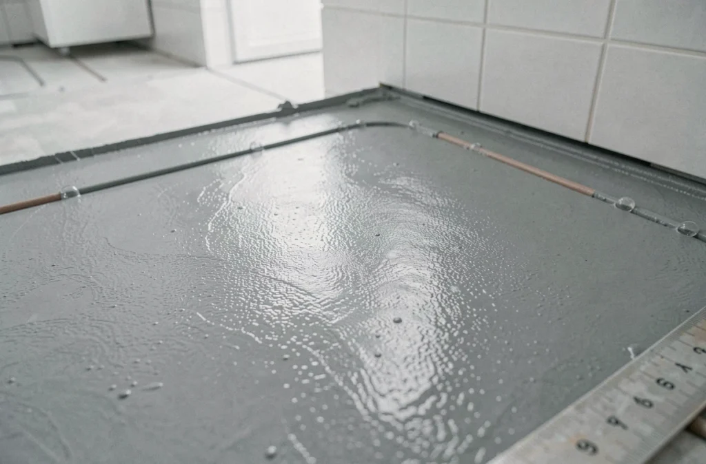 Gros plan sur un ragréage autolissant appliqué sur des tubes de chauffage au sol avec finition lisse