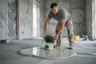 Ouvrier versant un ragréage autonivelant sur un sol en béton avant la pose d'un chauffage au sol