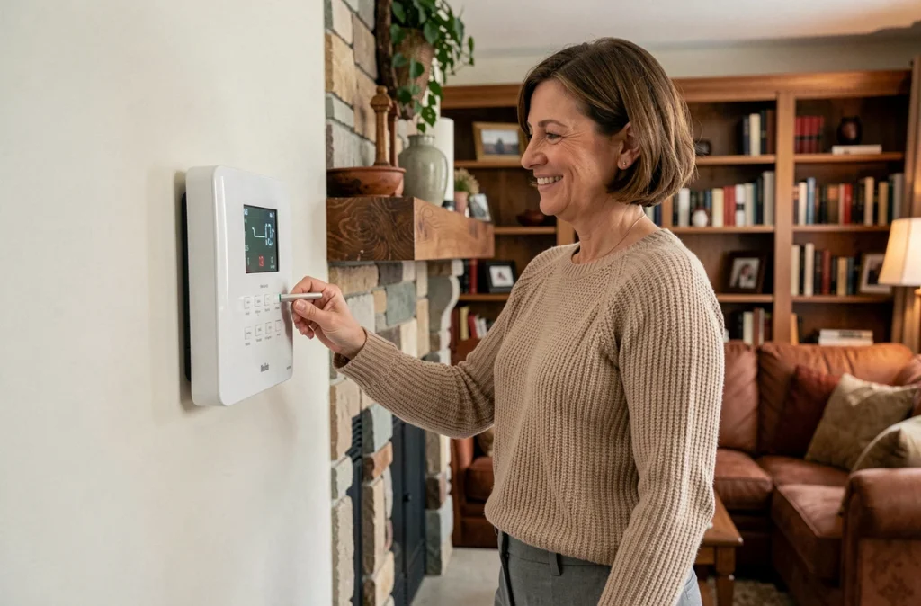 Femme réglant le thermostat de sa pompe à chaleur dans un salon confortable et chaleureux