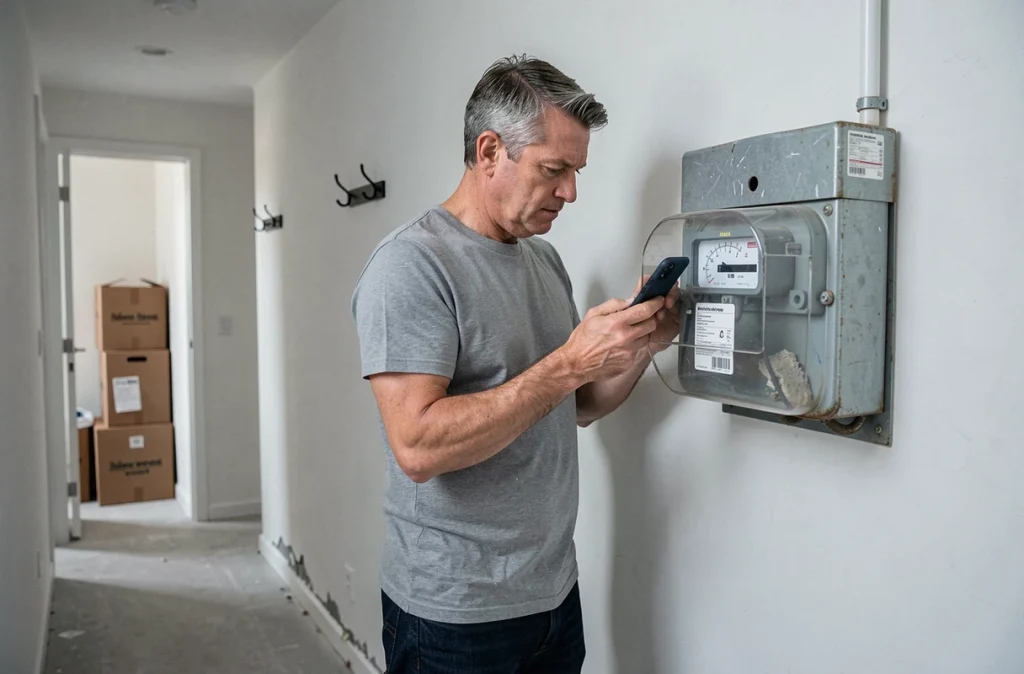 Homme photographiant le relevé du compteur électrique avec son smartphone lors d'une entrée dans un nouveau logement