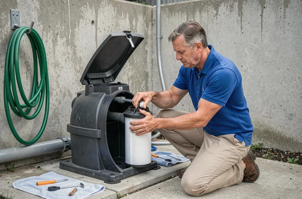Homme remplaçant la cartouche de filtre d'une pompe de piscine lors de l'entretien annuel avant l'été