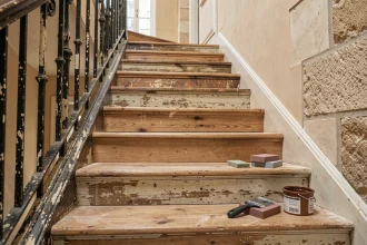 Escalier ancien en bois en cours de rénovation légère avec marches sablées et patine d'origine conservée dans un appartement haussmannien