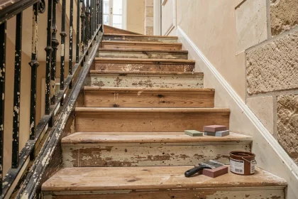 Escalier ancien en bois en cours de rénovation légère avec marches sablées et patine d'origine conservée dans un appartement haussmannien