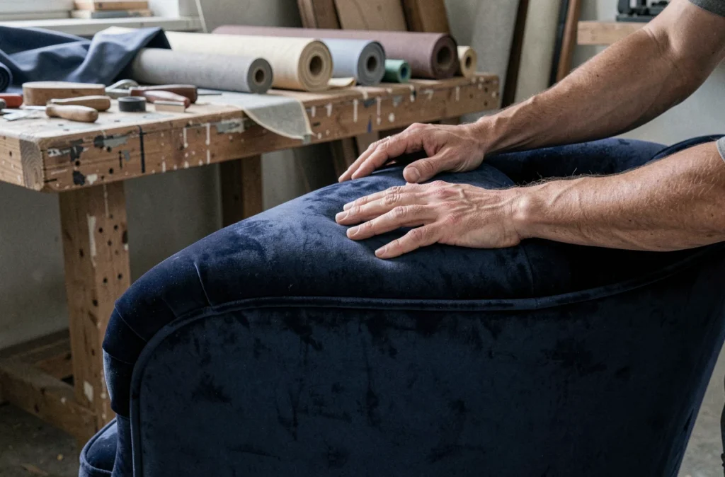Artisan tapissier en train de recouvrir un fauteuil Voltaire de velours bleu marine dans un atelier de rénovation