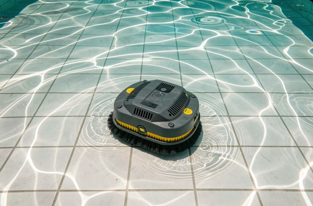 Robot aspirateur de piscine en train de nettoyer le fond d'un bassin aux eaux cristallines vu de dessus