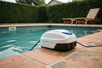 Robot de nettoyage de piscine posé sur le bord d'une piscine familiale avec carrelage en terre cuite