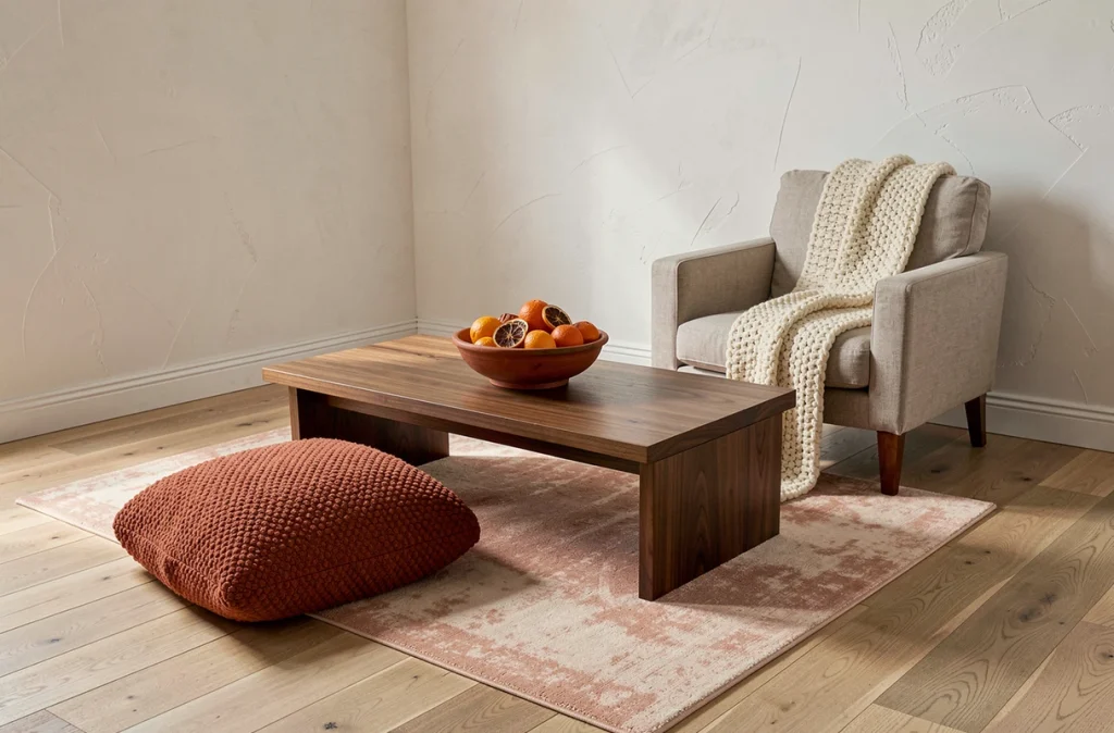 Salon lumineux avec table basse en chêne fumé, coussin bouclé terracotta et fauteuil en lin naturel