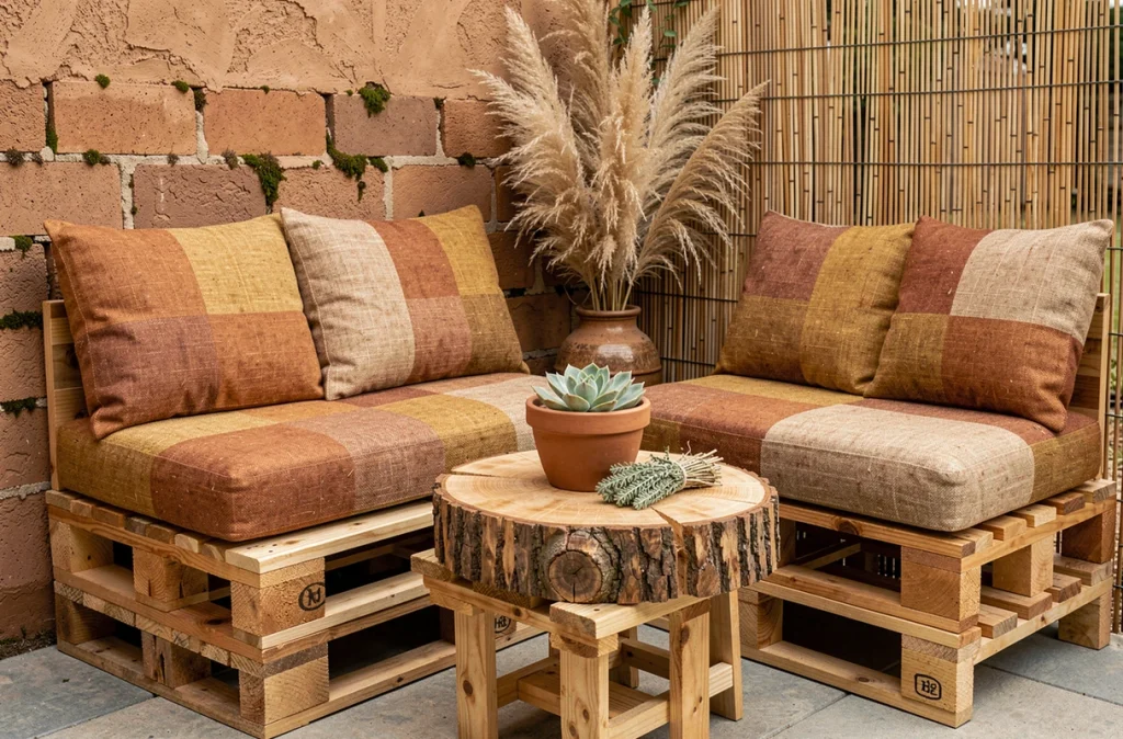 Salon de jardin fait de palettes récupérées avec coussins en chanvre, table en rondelle de bois et herbes séchées décoratives