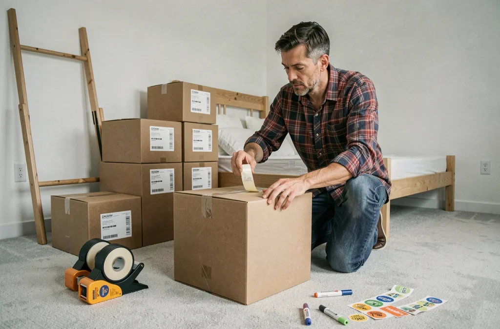 Homme scellant des cartons de déménagement étiquetés dans une chambre vide et organisée