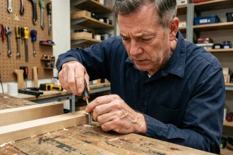 Homme vissant une vis à plat dans un atelier bricolage avec un tournevis, gros plan sur les mains et la vis