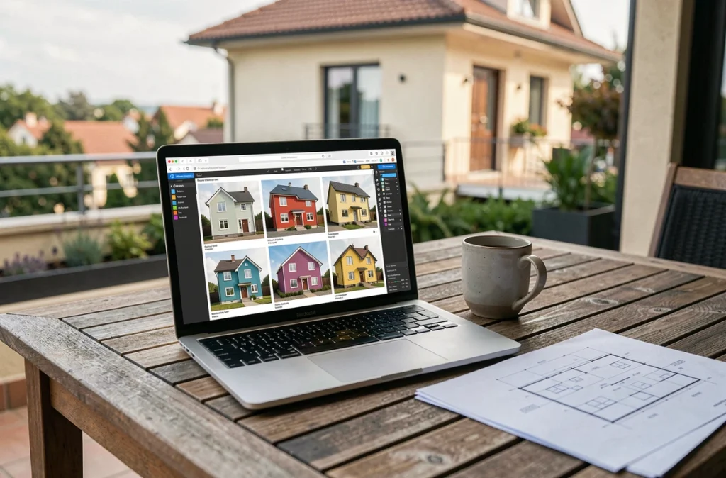 Ordinateur portable affichant un simulateur de couleurs de façade en ligne sur une terrasse, avec plan architectural et tasse à café