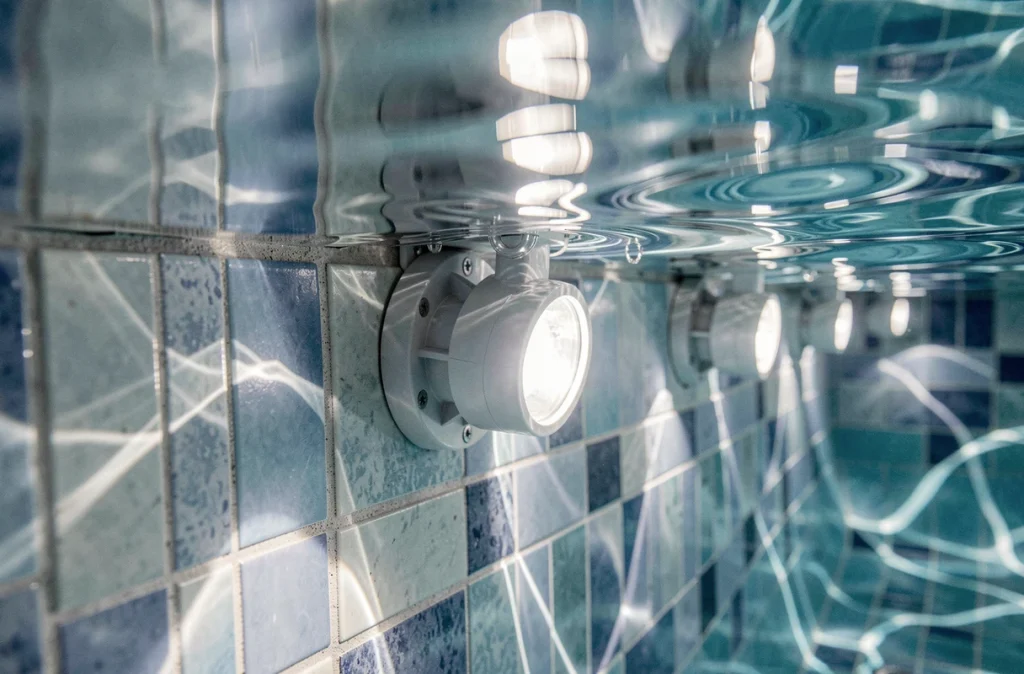 Gros plan sur des spots LED immergés créant des reflets de caustiques sur les carreaux de mosaïque d'une piscine résidentielle