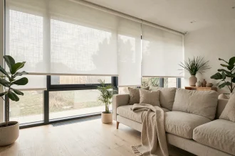 Store enrouleur blanc dans un salon moderne avec parquet chêne clair et décoration minimaliste pour maîtriser la lumière naturelle