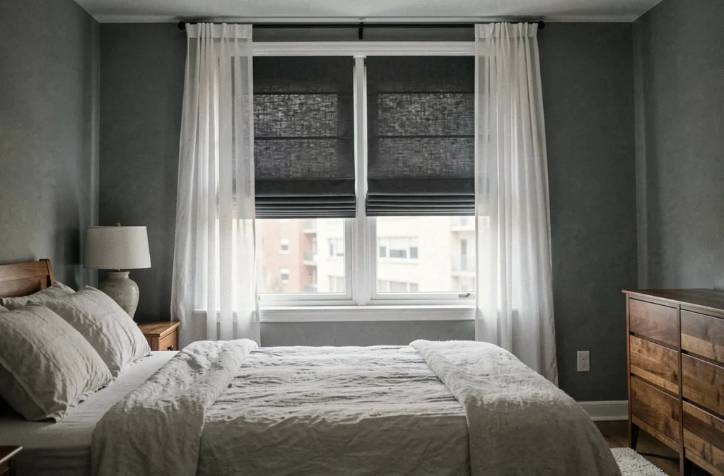 Chambre à coucher avec store romain occultant gris anthracite et voilage blanc superposés pour gérer la lumière du jour