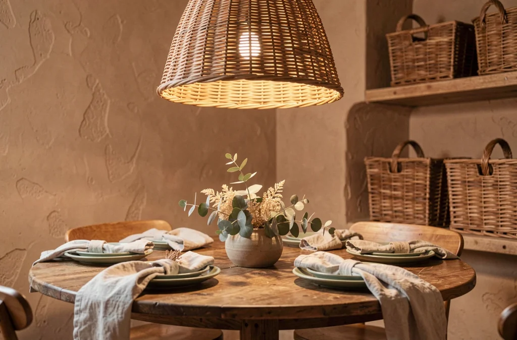 Suspension en rotin tressé au-dessus d'une table à manger rustique avec vaisselle en grès et décoration naturelle