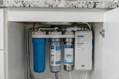 Système de filtration sous évier avec filtre à sédiments et osmose inverse installé dans une cuisine moderne