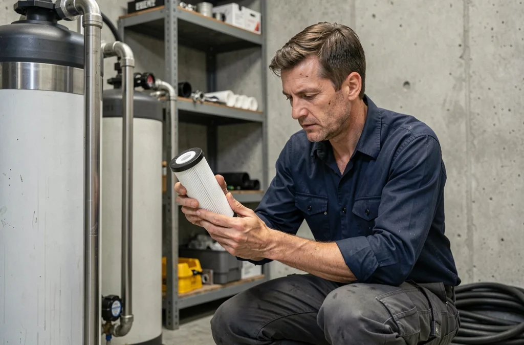 Technicien inspectant une cartouche de filtre d'un système de filtration industriel dans une salle technique