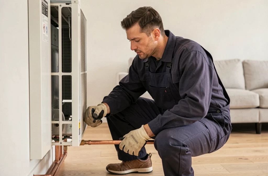 Technicien installant une pompe à chaleur murale intérieure dans un salon moderne avec parquet en chêne