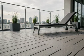Terrasse moderne avec revêtement composite en lames grises posées en chevrons sur un balcon urbain avec balustrades en verre