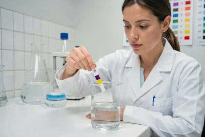 Femme en blouse blanche testant le pH de l'eau avec une bandelette colorée dans un laboratoire moderne