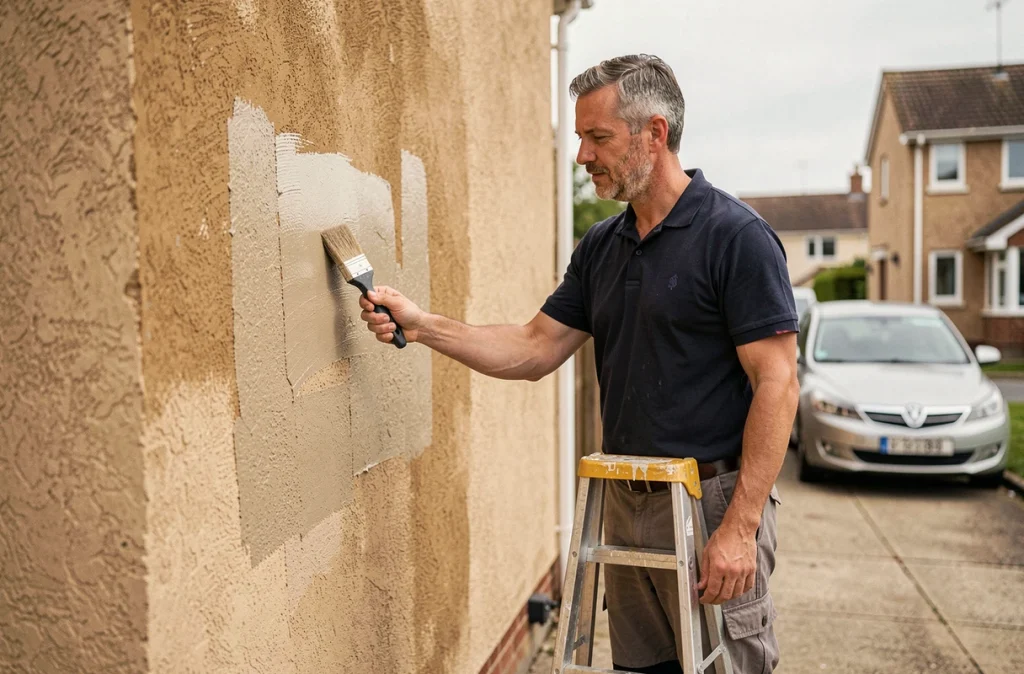 Homme appliquant un échantillon de peinture de façade sur un mur en enduit avec un pinceau, pour tester la couleur avant travaux