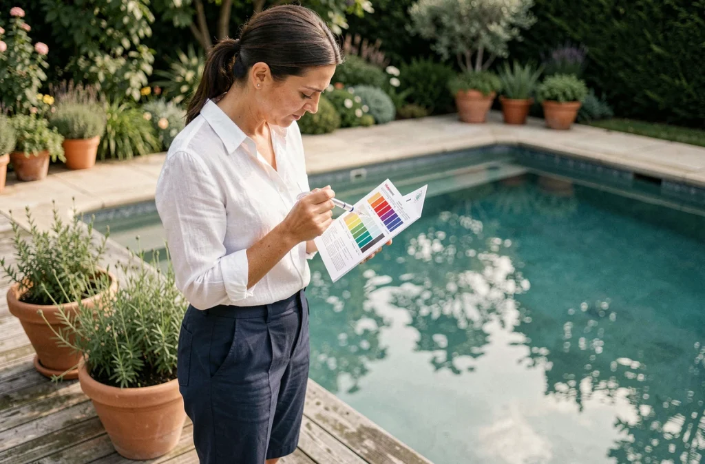 Femme testant la qualité de l'eau d'une piscine avec un kit d'analyse chimique avant la saison estivale