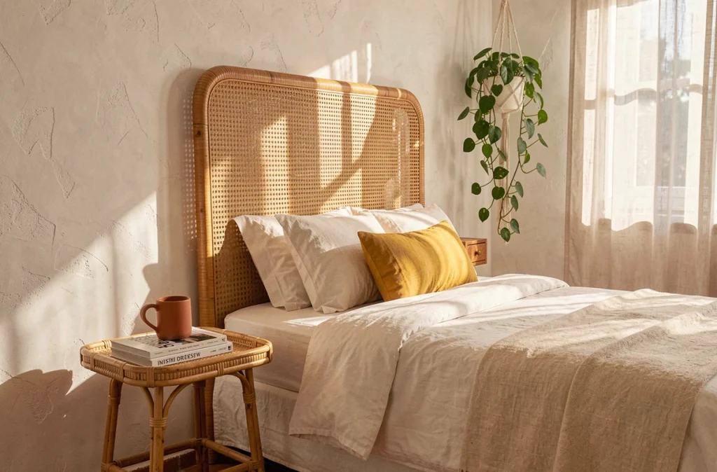 Tête de lit en rotin dans une chambre bohème méditerranéenne avec linge de lit naturel et plantes vertes
