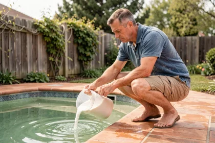 Homme ajoutant un traitement anti-algues dans une piscine en début de saison