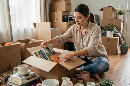 Femme triant des objets dans des cartons avant un déménagement pour les recycler ou les donner