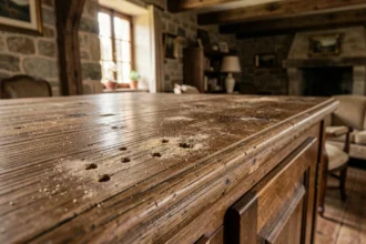 Gros plan sur des trous de sortie de capricorne dans le bois d'un meuble ancien en chêne avec de la sciure fine visible