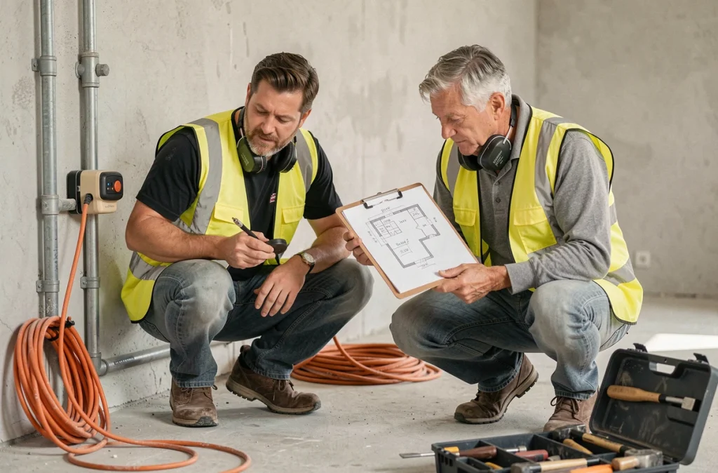Deux ouvriers vérifiant la structure d'un mur avec un détecteur de montants et un plan avant travaux de démolition