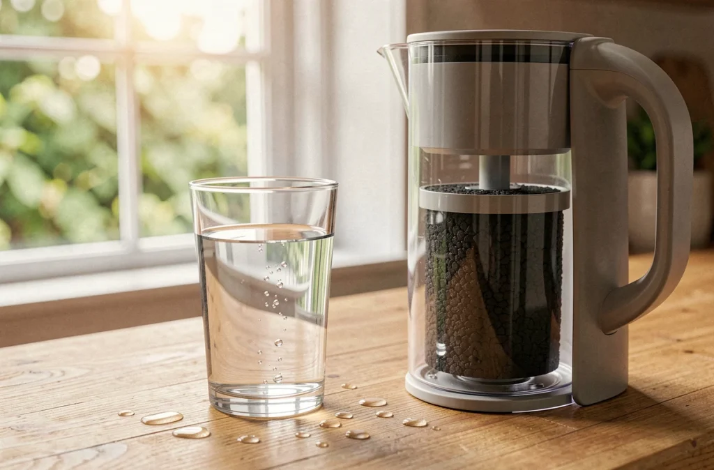 Verre d'eau claire posé à côté d'une carafe filtrante sur un comptoir en bois dans une cuisine naturelle