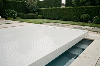Volet roulant motorisé blanc couvrant partiellement une piscine résidentielle moderne avec terrasse en pierre