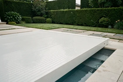 Volet roulant motorisé blanc couvrant partiellement une piscine résidentielle moderne avec terrasse en pierre
