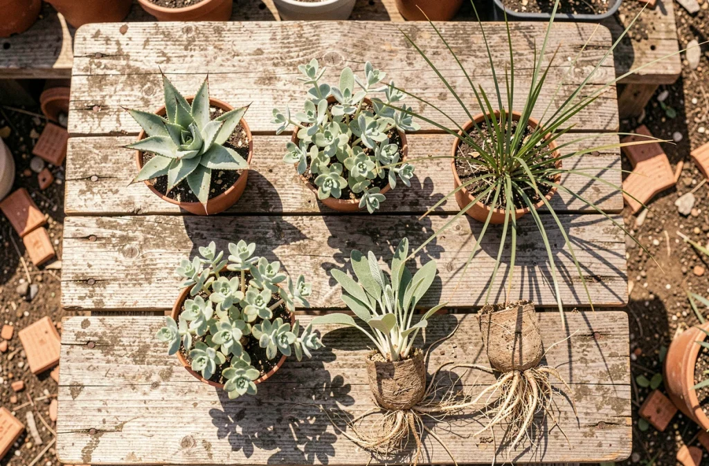 Vue aérienne de plantes résistantes à la sécheresse telles qu'agave, sedum et sauge sur un établi de jardinerie
