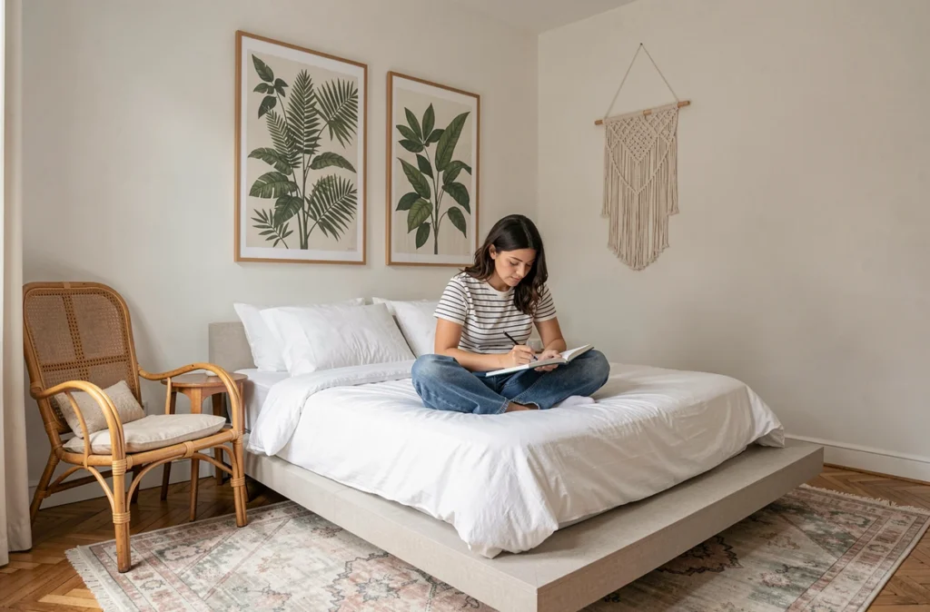 Chambre réaménagée par 3 Fenêtres à ma Chambre avec impressions botaniques, lit plateforme et fauteuil en rotin dans un appartement de Toulouse