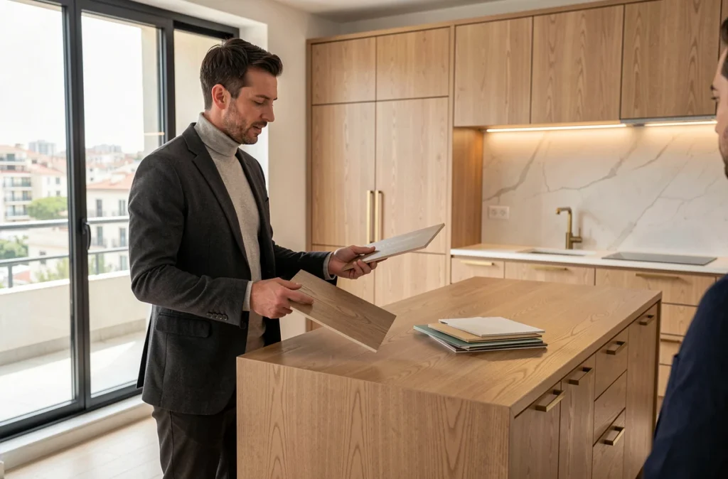 Consultant d'Adam Concept présentant des échantillons de finition bois devant un îlot de cuisine sur mesure dans un appartement moderne à Marseille